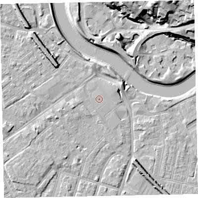 Shaded relief map of the ground around EX41AH, computed from Environment Agency LiDAR. The ground here sits at about 8 m above sea level and falls 26 m across the surrounding 800 m. The ground contributing surface water to this point lies to the west.
