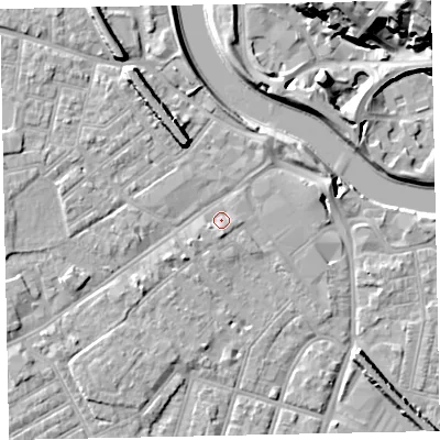 Shaded relief map of the ground around EX41AJ, computed from Environment Agency LiDAR. The ground here sits at about 8 m above sea level and falls 25 m across the surrounding 800 m. Surface water reaching this point runs off ground lying to the south, 1.7 m higher.
