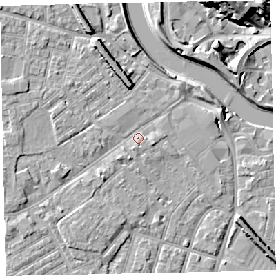 Shaded relief map of the ground around EX41AL, computed from Environment Agency LiDAR. The ground here sits at about 9 m above sea level and falls 23 m across the surrounding 800 m. Surface water reaching this point runs off ground lying to the south-south-west, 1.8 m higher.