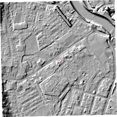 Shaded relief map of the ground around EX41AP, computed from Environment Agency LiDAR. The ground here sits at about 8 m above sea level and falls 12 m across the surrounding 800 m. Surface water reaching this point runs off ground lying to the east-north-east, 1.8 m higher.