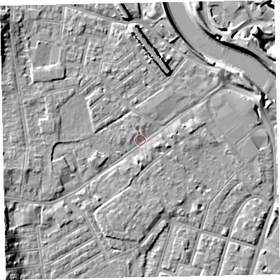 Shaded relief map of the ground around EX41AS, computed from Environment Agency LiDAR. The ground here sits at about 8 m above sea level and falls 14 m across the surrounding 800 m. Surface water reaching this point runs off ground lying to the east, 1.8 m higher.