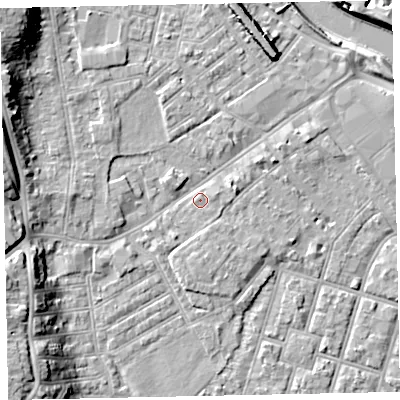 Shaded relief map of the ground around EX41AT, computed from Environment Agency LiDAR. The ground here sits at about 9 m above sea level and falls 14 m across the surrounding 800 m. Surface water reaching this point runs off ground lying to the east-north-east, 2.2 m higher.