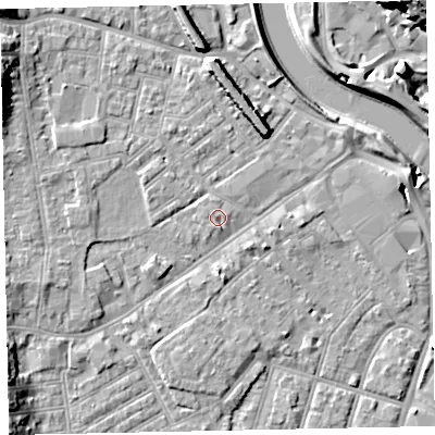 Shaded relief map of the ground around EX41AU, computed from Environment Agency LiDAR. The ground here sits at about 9 m above sea level and falls 18 m across the surrounding 800 m. The ground contributing surface water to this point lies to the south-south-west.