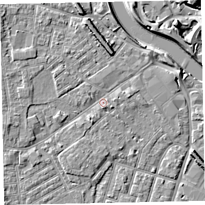 Shaded relief map of the ground around EX41AW, computed from Environment Agency LiDAR. The ground here sits at about 8 m above sea level and falls 15 m across the surrounding 800 m. Surface water reaching this point runs off ground lying to the east, 1.8 m higher.