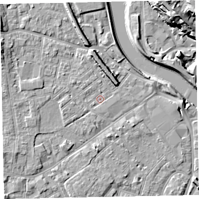 Shaded relief map of the ground around EX41AX, computed from Environment Agency LiDAR. The ground here sits at about 8 m above sea level and falls 26 m across the surrounding 800 m. Surface water reaching this point runs off ground lying to the west, 1.9 m higher.