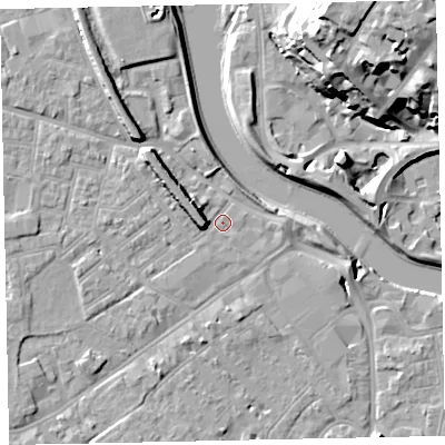 Shaded relief map of the ground around EX41AY, computed from Environment Agency LiDAR. The ground here sits at about 8 m above sea level and falls 32 m across the surrounding 800 m. Surface water reaching this point runs off ground lying to the north-west, 6.3 m higher.