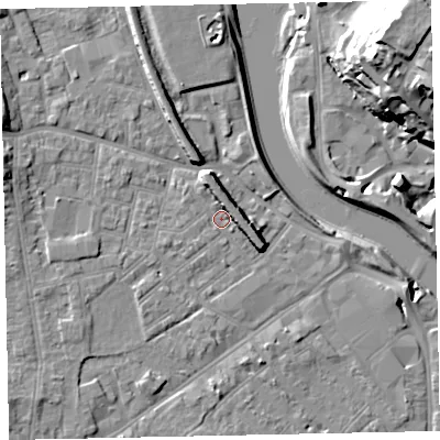 Shaded relief map of the ground around EX41AZ, computed from Environment Agency LiDAR. The ground here sits at about 9 m above sea level and falls 30 m across the surrounding 800 m. Surface water reaching this point runs off ground lying to the north-north-west, 5.5 m higher.