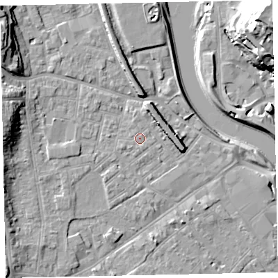 Shaded relief map of the ground around EX41BA, computed from Environment Agency LiDAR. The ground here sits at about 9 m above sea level and falls 28 m across the surrounding 800 m. Surface water reaching this point runs off ground lying to the south-west, 1.0 m higher.