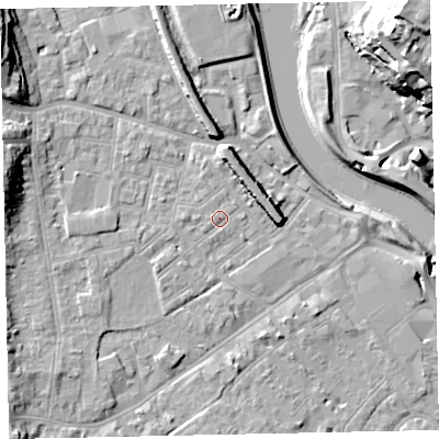 Shaded relief map of the ground around EX41BB, computed from Environment Agency LiDAR. The ground here sits at about 9 m above sea level and falls 28 m across the surrounding 800 m. Surface water reaching this point runs off ground lying to the south-west, 1.8 m higher.