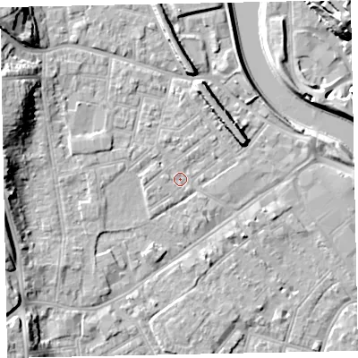 Shaded relief map of the ground around EX41BD, computed from Environment Agency LiDAR. The ground here sits at about 9 m above sea level and falls 22 m across the surrounding 800 m. Surface water reaching this point runs off ground lying to the west-south-west, 1.1 m higher.