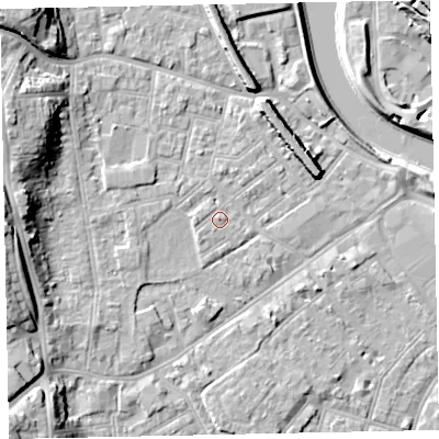 Shaded relief map of the ground around EX41BE, computed from Environment Agency LiDAR. The ground here sits at about 9 m above sea level and falls 19 m across the surrounding 800 m. Surface water reaching this point runs off ground lying to the west-south-west, 1.1 m higher.