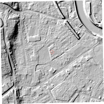 Shaded relief map of the ground around EX41BG, computed from Environment Agency LiDAR. The ground here sits at about 9 m above sea level and falls 17 m across the surrounding 800 m. Surface water reaching this point runs off ground lying to the north-west, 1.7 m higher.