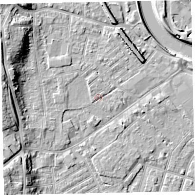 Shaded relief map of the ground around EX41BH, computed from Environment Agency LiDAR. The ground here sits at about 9 m above sea level and falls 16 m across the surrounding 800 m. Surface water reaching this point runs off ground lying to the north-west, 1.5 m higher.