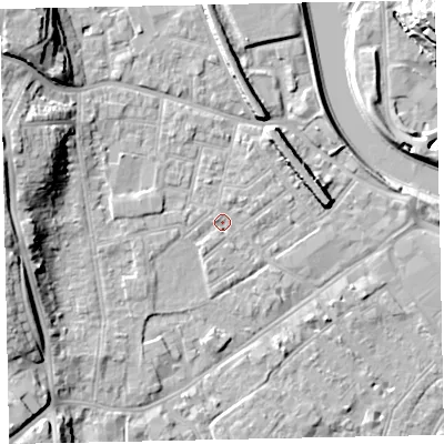Shaded relief map of the ground around EX41BJ, computed from Environment Agency LiDAR. The ground here sits at about 9 m above sea level and falls 21 m across the surrounding 800 m. Surface water reaching this point runs off ground lying to the south-west, 1.8 m higher.