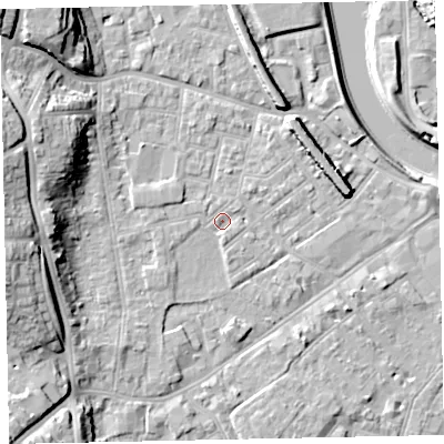 Shaded relief map of the ground around EX41BL, computed from Environment Agency LiDAR. The ground here sits at about 9 m above sea level and falls 18 m across the surrounding 800 m. Surface water reaching this point runs off ground lying to the west-north-west, 1.3 m higher.