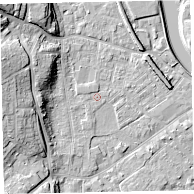 Shaded relief map of the ground around EX41BN, computed from Environment Agency LiDAR. The ground here sits at about 9 m above sea level and falls 22 m across the surrounding 800 m. Surface water reaching this point runs off ground lying to the north-west, 1.0 m higher.