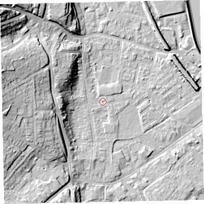 Shaded relief map of the ground around EX41BP, computed from Environment Agency LiDAR. The ground here sits at about 9 m above sea level and falls 30 m across the surrounding 800 m. Surface water reaching this point runs off ground lying to the north-north-west, 1.9 m higher.