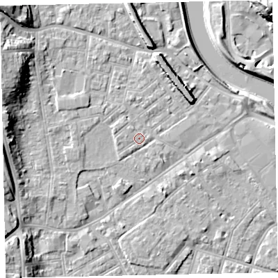 Shaded relief map of the ground around EX41BQ, computed from Environment Agency LiDAR. The ground here sits at about 9 m above sea level and falls 19 m across the surrounding 800 m. Surface water reaching this point runs off ground lying to the west, 1.5 m higher.