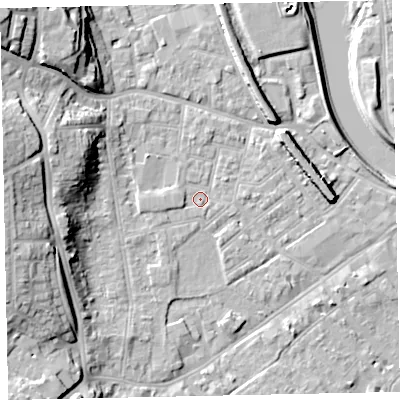 Shaded relief map of the ground around EX41BR, computed from Environment Agency LiDAR. The ground here sits at about 9 m above sea level and falls 21 m across the surrounding 800 m. Surface water reaching this point runs off ground lying to the west, 1.5 m higher.
