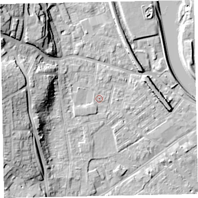 Shaded relief map of the ground around EX41BS, computed from Environment Agency LiDAR. The ground here sits at about 9 m above sea level and falls 22 m across the surrounding 800 m. Surface water reaching this point runs off ground lying to the south-west, 1.4 m higher.