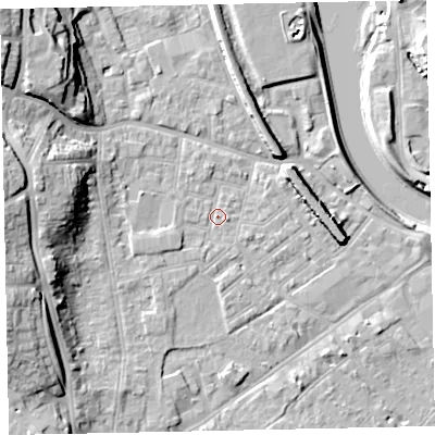Shaded relief map of the ground around EX41BT, computed from Environment Agency LiDAR. The ground here sits at about 9 m above sea level and falls 19 m across the surrounding 800 m. Surface water reaching this point runs off ground lying to the west-south-west, 1.7 m higher.