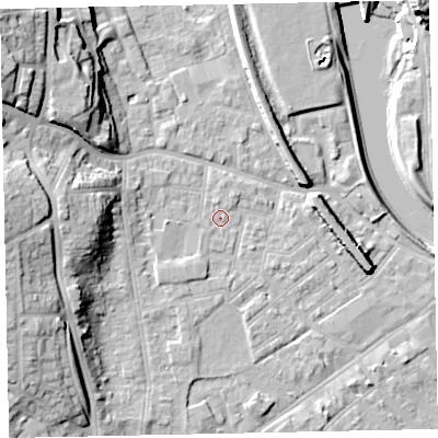 Shaded relief map of the ground around EX41BU, computed from Environment Agency LiDAR. The ground here sits at about 9 m above sea level and falls 21 m across the surrounding 800 m. Surface water reaching this point runs off ground lying to the south-west, 1.8 m higher.