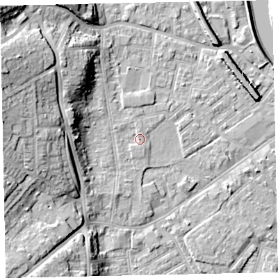 Shaded relief map of the ground around EX41BW, computed from Environment Agency LiDAR. The ground here sits at about 10 m above sea level and falls 23 m across the surrounding 800 m. Surface water reaching this point runs off ground lying to the north, 1.3 m higher.