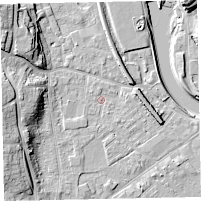 Shaded relief map of the ground around EX41BX, computed from Environment Agency LiDAR. The ground here sits at about 9 m above sea level and falls 20 m across the surrounding 800 m. Surface water reaching this point runs off ground lying to the south-west, 1.9 m higher.