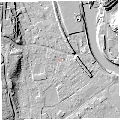 Shaded relief map of the ground around EX41BY, computed from Environment Agency LiDAR. The ground here sits at about 8 m above sea level and falls 23 m across the surrounding 800 m. Surface water reaching this point runs off ground lying to the south-west, 2.2 m higher.