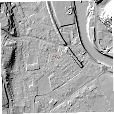 Shaded relief map of the ground around EX41BZ, computed from Environment Agency LiDAR. The ground here sits at about 8 m above sea level and falls 26 m across the surrounding 800 m. Surface water reaching this point runs off ground lying to the east-north-east, 1.4 m higher.