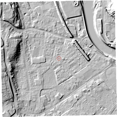 Shaded relief map of the ground around EX41DA, computed from Environment Agency LiDAR. The ground here sits at about 9 m above sea level and falls 19 m across the surrounding 800 m. The ground contributing surface water to this point lies to the west-south-west.
