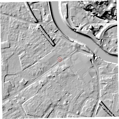 Shaded relief map of the ground around EX41DE, computed from Environment Agency LiDAR. The ground here sits at about 8 m above sea level and falls 27 m across the surrounding 800 m. Surface water reaching this point runs off ground lying to the south-south-west, 1.8 m higher.