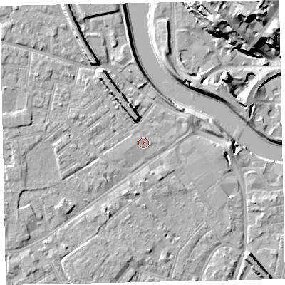 Shaded relief map of the ground around EX41DF, computed from Environment Agency LiDAR. The ground here sits at about 9 m above sea level and falls 28 m across the surrounding 800 m. Surface water reaching this point runs off ground lying to the west, 0.5 m higher.