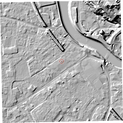 Shaded relief map of the ground around EX41DG, computed from Environment Agency LiDAR. The ground here sits at about 9 m above sea level and falls 28 m across the surrounding 800 m. The ground contributing surface water to this point lies to the east.