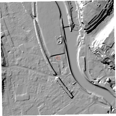 Shaded relief map of the ground around EX41DH, computed from Environment Agency LiDAR. The ground here sits at about 9 m above sea level and falls 30 m across the surrounding 800 m. Surface water reaching this point runs off ground lying to the north-west, 2.2 m higher.