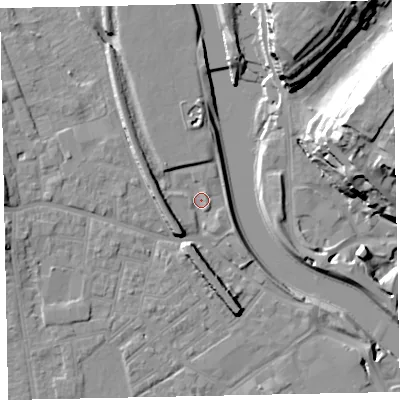 Shaded relief map of the ground around EX41DJ, computed from Environment Agency LiDAR. The ground here sits at about 9 m above sea level and falls 30 m across the surrounding 800 m. Surface water reaching this point runs off ground lying to the west, 4.9 m higher.