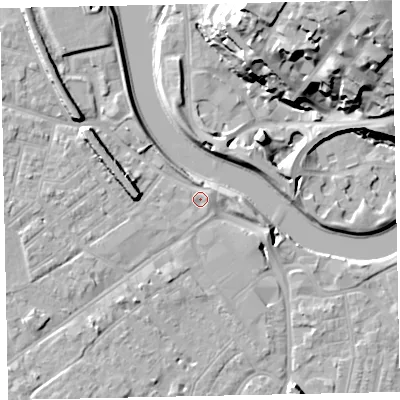 Shaded relief map of the ground around EX41DR, computed from Environment Agency LiDAR. The ground here sits at about 8 m above sea level and falls 32 m across the surrounding 800 m. Surface water reaching this point runs off ground lying to the west-north-west, 6.7 m higher.