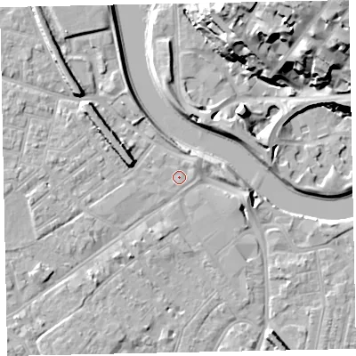 Shaded relief map of the ground around EX41DS, computed from Environment Agency LiDAR. The ground here sits at about 8 m above sea level and falls 31 m across the surrounding 800 m. Surface water reaching this point runs off ground lying to the west-north-west, 6.7 m higher.