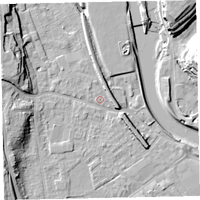 Shaded relief map of the ground around EX41DT, computed from Environment Agency LiDAR. The ground here sits at about 9 m above sea level and falls 25 m across the surrounding 800 m. Surface water reaching this point runs off ground lying to the west-north-west, 13.7 m higher.