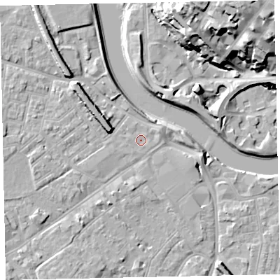 Shaded relief map of the ground around EX41DU, computed from Environment Agency LiDAR. The ground here sits at about 8 m above sea level and falls 31 m across the surrounding 800 m. Surface water reaching this point runs off ground lying to the west-south-west, 1.1 m higher.