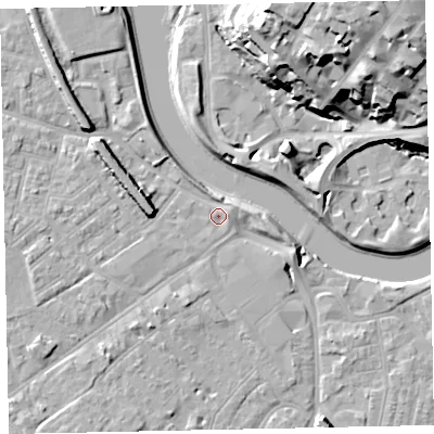 Shaded relief map of the ground around EX41DW, computed from Environment Agency LiDAR. The ground here sits at about 8 m above sea level and falls 32 m across the surrounding 800 m. Surface water reaching this point runs off ground lying to the west-north-west, 6.7 m higher.