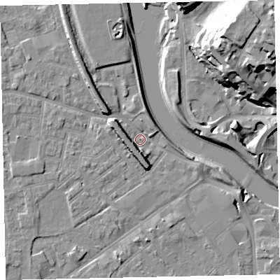 Shaded relief map of the ground around EX41DY, computed from Environment Agency LiDAR. The ground here sits at about 8 m above sea level and falls 32 m across the surrounding 800 m. Surface water reaching this point runs off ground lying to the south, 6.7 m higher.