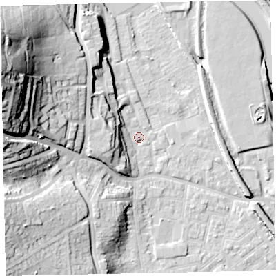 Shaded relief map of the ground around EX41DZ, computed from Environment Agency LiDAR. The ground here sits at about 10 m above sea level and falls 54 m across the surrounding 800 m. Surface water reaching this point runs off ground lying to the west-north-west, 50.9 m higher.