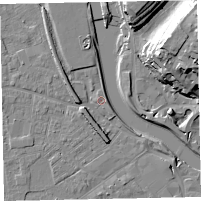 Shaded relief map of the ground around EX41EA, computed from Environment Agency LiDAR. The ground here sits at about 9 m above sea level and falls 32 m across the surrounding 800 m. Surface water reaching this point runs off ground lying to the east-south-east, 1.0 m higher.
