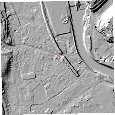 Shaded relief map of the ground around EX41EB, computed from Environment Agency LiDAR. The ground here sits at about 9 m above sea level and falls 28 m across the surrounding 800 m. Surface water reaching this point runs off ground lying to the west-north-west, 13.6 m higher.