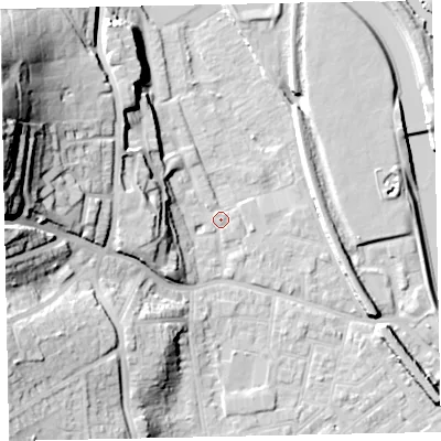 Shaded relief map of the ground around EX41ED, computed from Environment Agency LiDAR. The ground here sits at about 9 m above sea level and falls 46 m across the surrounding 800 m. Surface water reaching this point runs off ground lying to the west-north-west, 43.3 m higher.