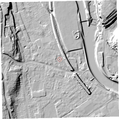 Shaded relief map of the ground around EX41EE, computed from Environment Agency LiDAR. The ground here sits at about 9 m above sea level and falls 27 m across the surrounding 800 m. Surface water reaching this point runs off ground lying to the east-north-east, 4.5 m higher.