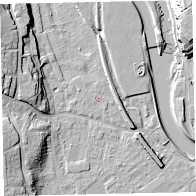 Shaded relief map of the ground around EX41EF, computed from Environment Agency LiDAR. The ground here sits at about 9 m above sea level and falls 27 m across the surrounding 800 m. Surface water reaching this point runs off ground lying to the west-south-west, 1.0 m higher.