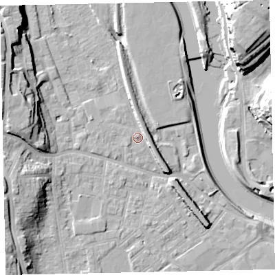 Shaded relief map of the ground around EX41EG, computed from Environment Agency LiDAR. The ground here sits at about 9 m above sea level and falls 27 m across the surrounding 800 m. Surface water reaching this point runs off ground lying to the north-east, 4.3 m higher.