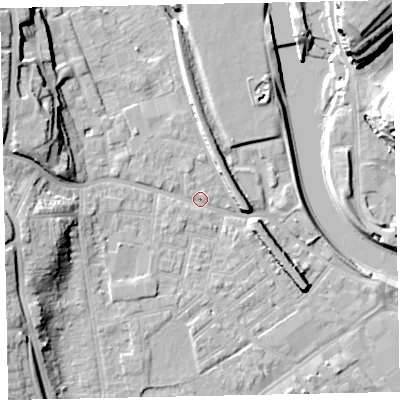 Shaded relief map of the ground around EX41EH, computed from Environment Agency LiDAR. The ground here sits at about 8 m above sea level and falls 25 m across the surrounding 800 m. Surface water reaching this point runs off ground lying to the west-north-west, 15.3 m higher.